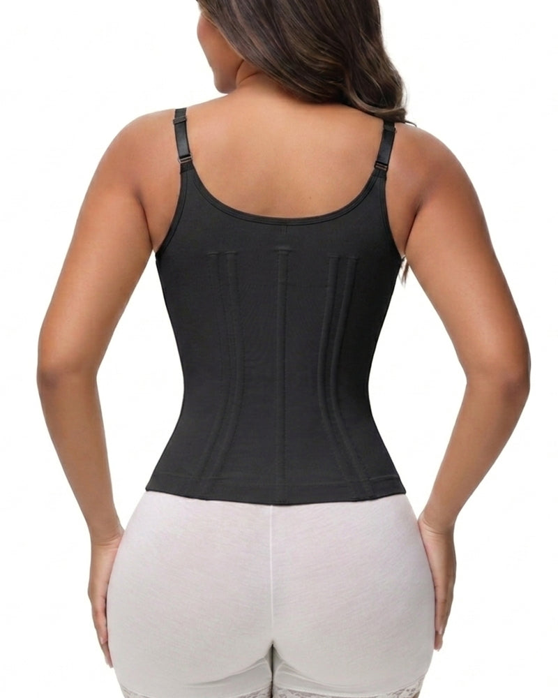 Shapewear cami top with lace cups, zip front and adjustable straps