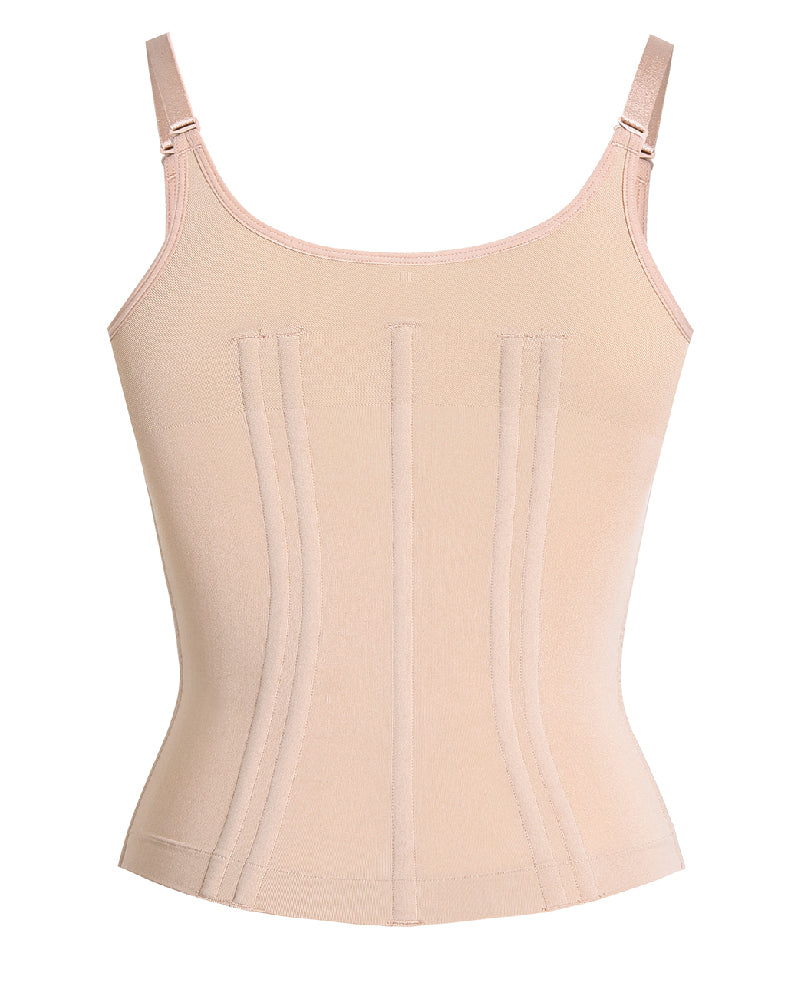 Shapewear cami top with lace cups, zip front and adjustable straps