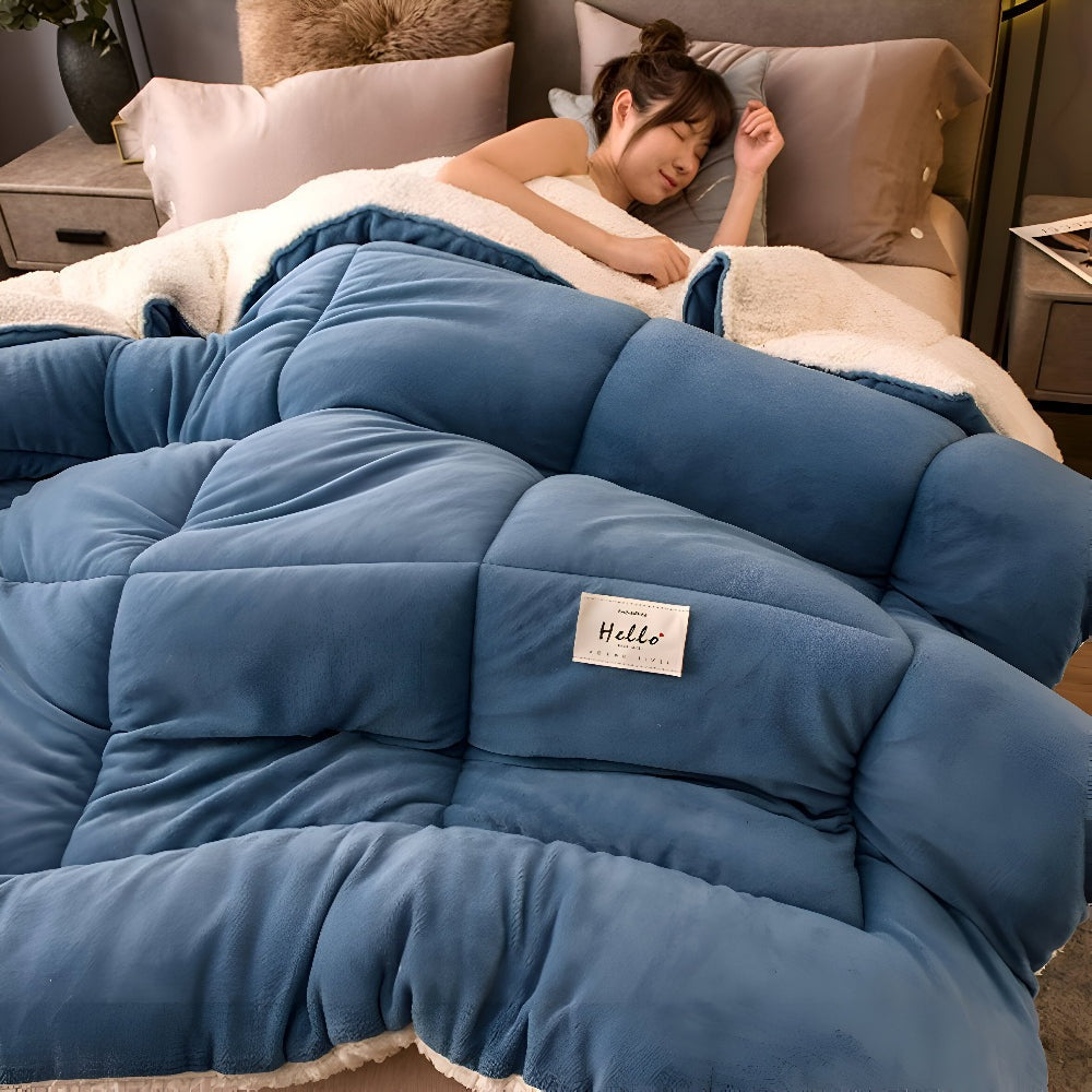 Thick sherpa duvet with a fleece top on a made bed - view 3