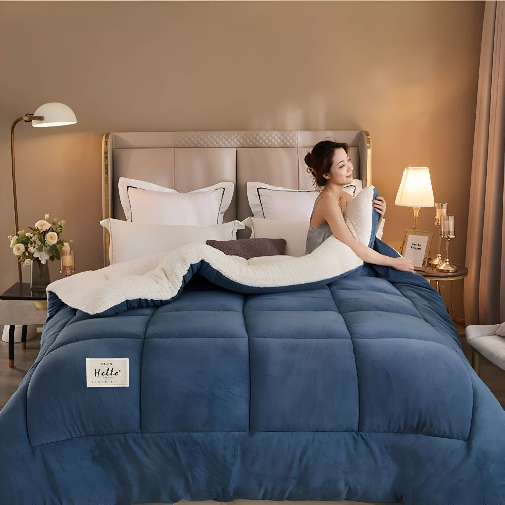 Thick sherpa duvet with a fleece top on a made bed - view 4