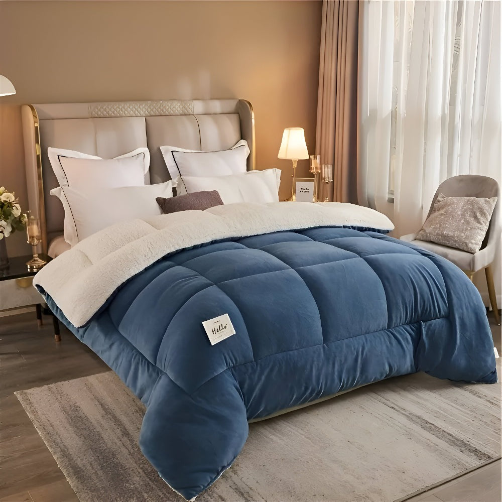 Thick sherpa duvet with a fleece top on a made bed - view 5