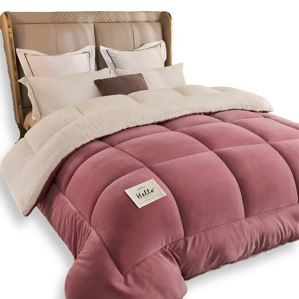 Thick sherpa duvet with a fleece top on a made bed - dusty pink