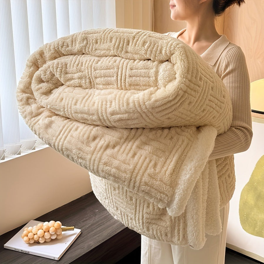Reversible sherpa throw with a basket weave pattern - beige
