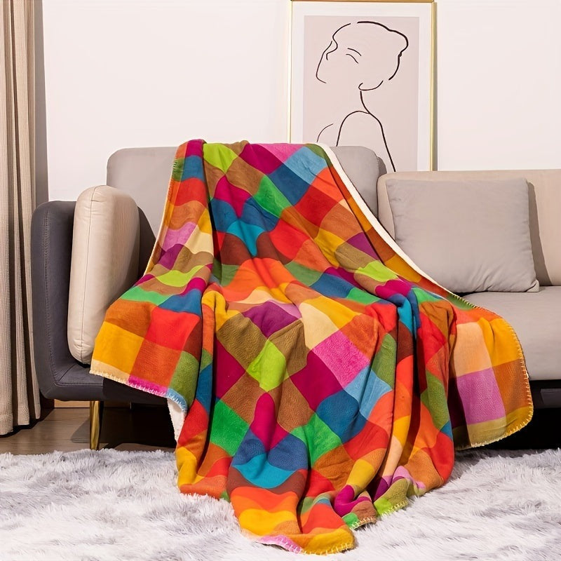Sherpa throw with a colourful check pattern on a bed - view 2