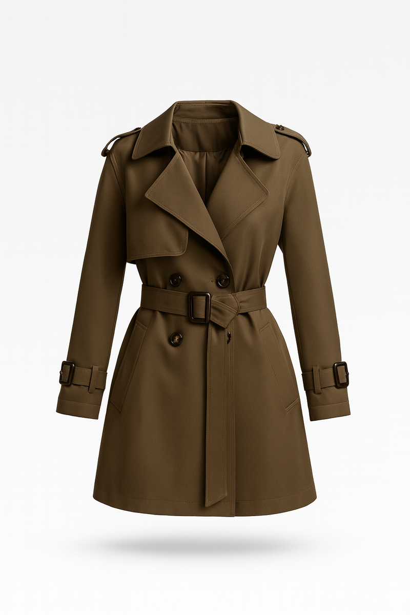 Women's short double-breasted trench coat with a belt - olive