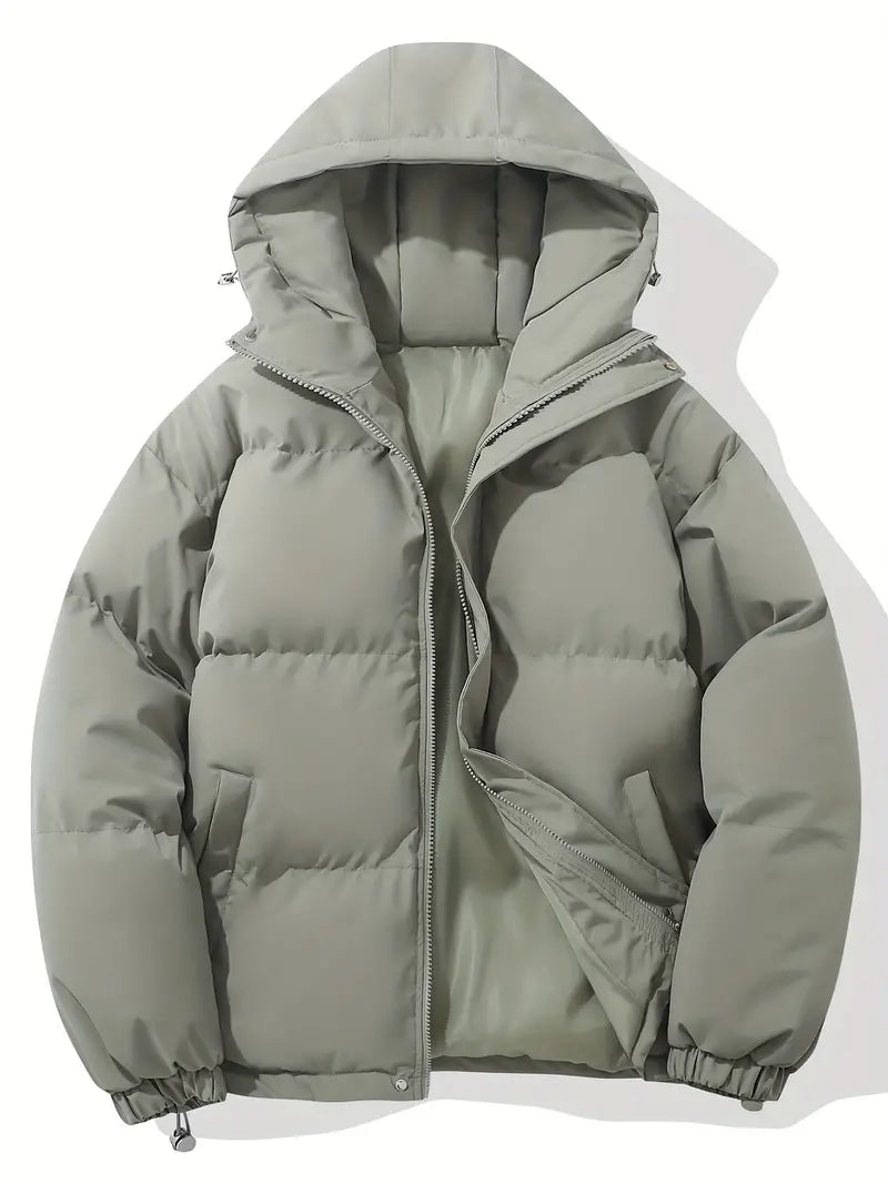 Women's short puffer jacket with a hood, high stand collar and drawcord hem - sage green