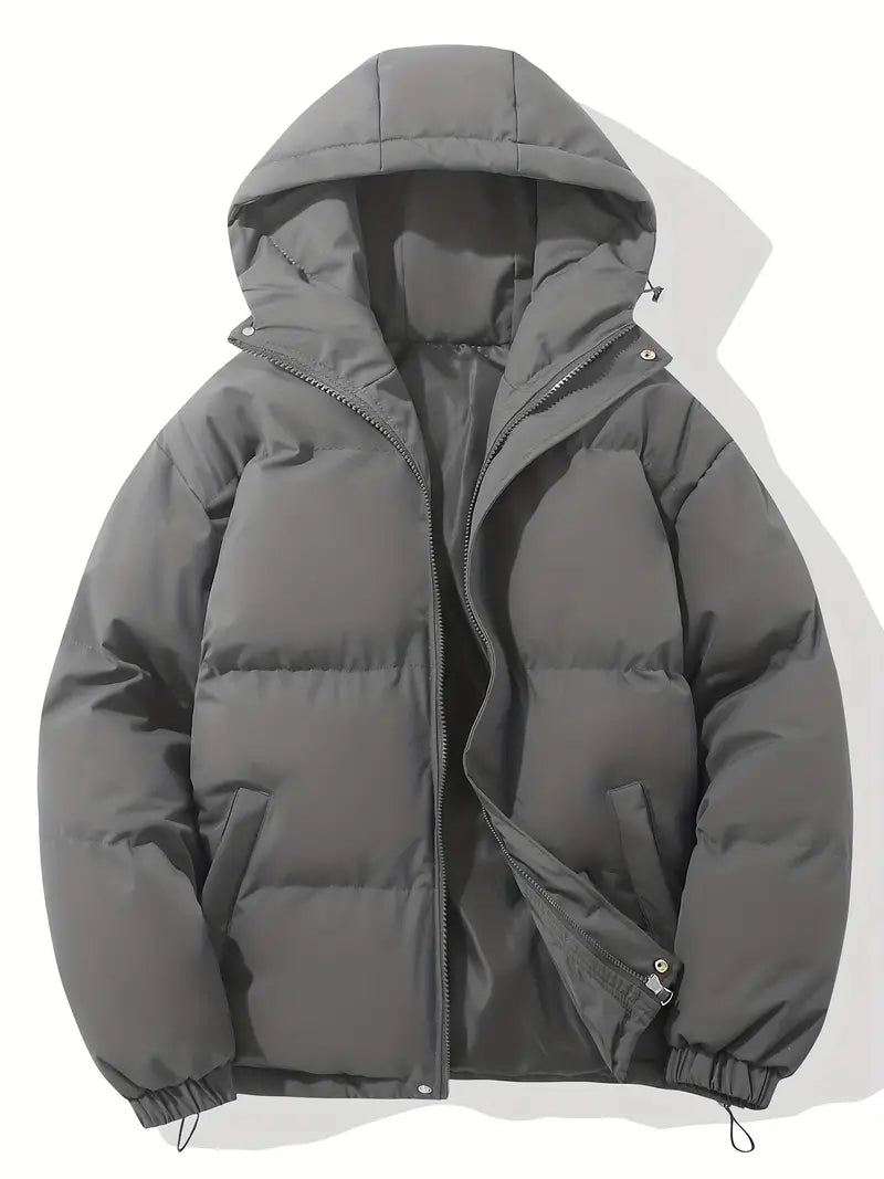 Women's short puffer jacket with a hood, high stand collar and drawcord hem - dark grey