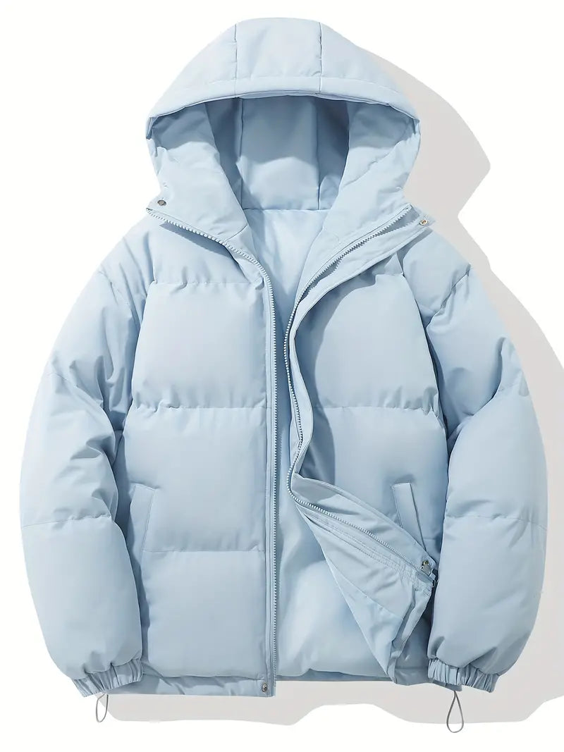 Women's short puffer jacket with a hood, high stand collar and drawcord hem - light blue