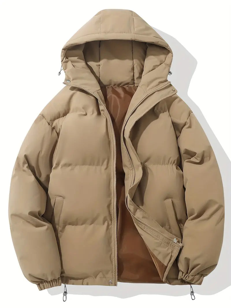 Women's short puffer jacket with a hood, high stand collar and drawcord hem - sand beige