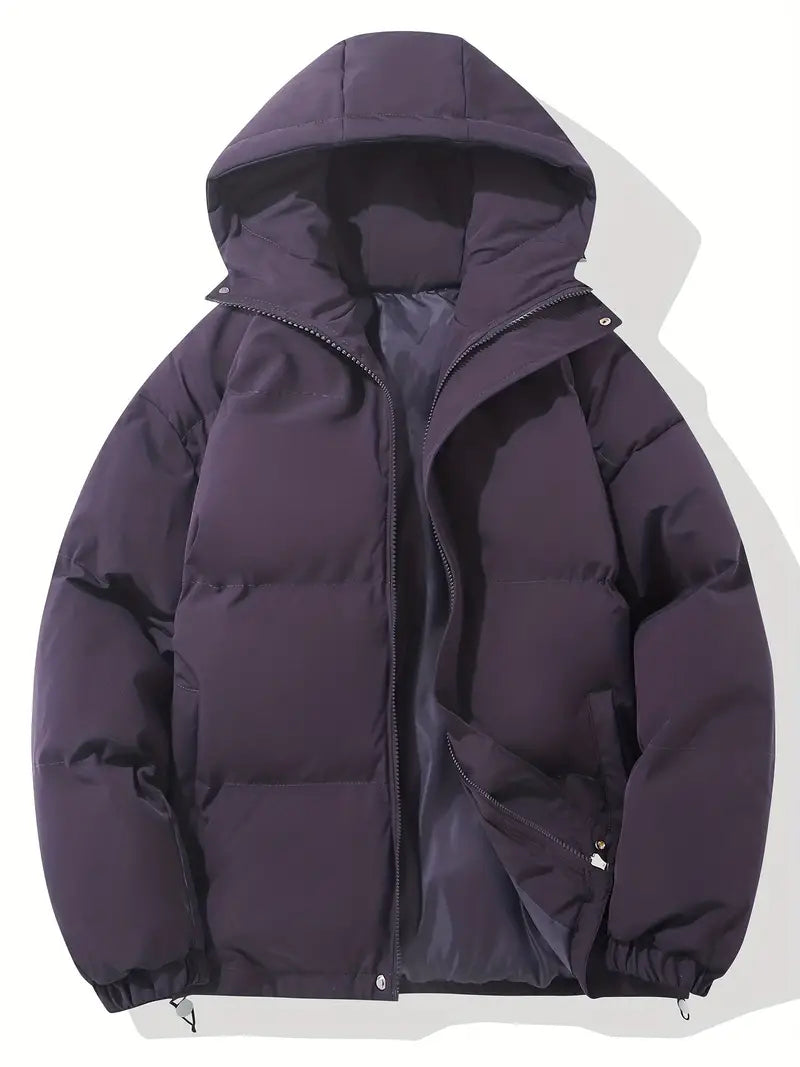 Women's short puffer jacket with a hood, high stand collar and drawcord hem - dark purple
