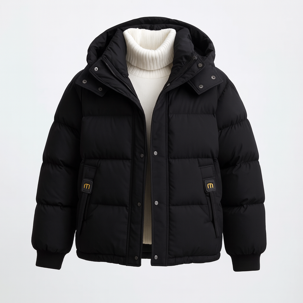 Women's short hooded puffer jacket with ribbed cuffs - black