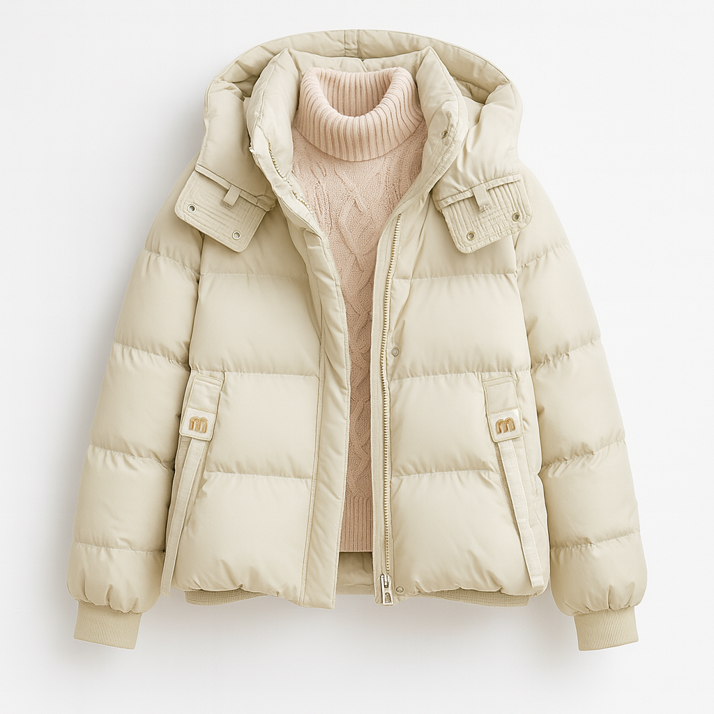 Women's short hooded puffer jacket with ribbed cuffs - cream