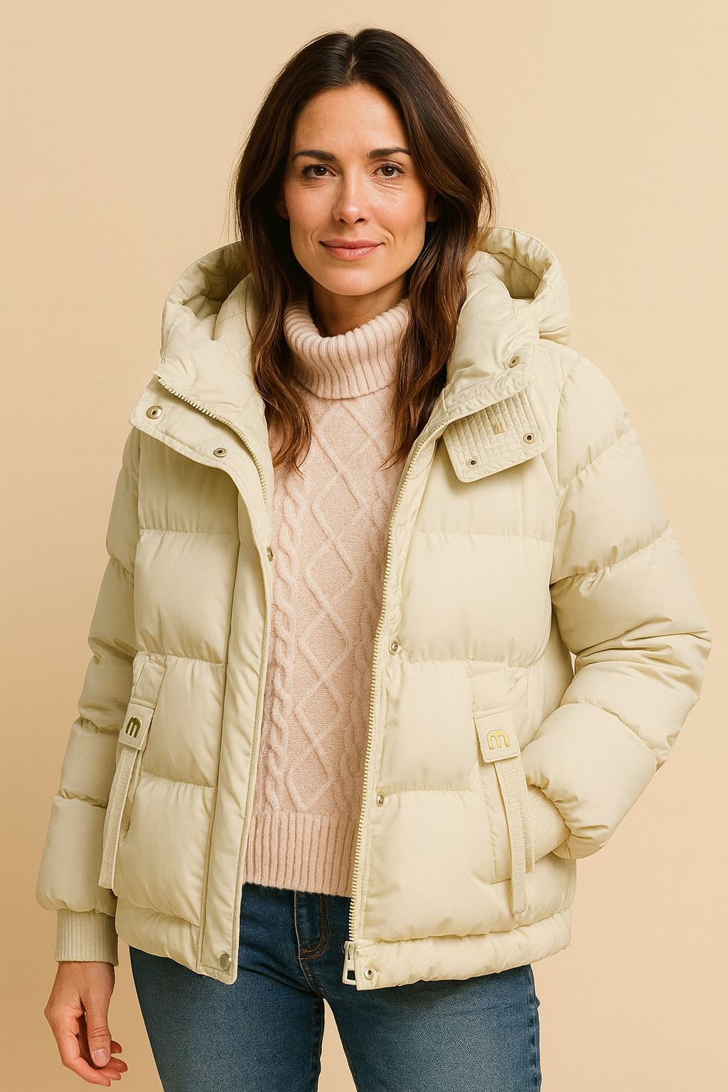 Women's short hooded puffer jacket with ribbed cuffs
