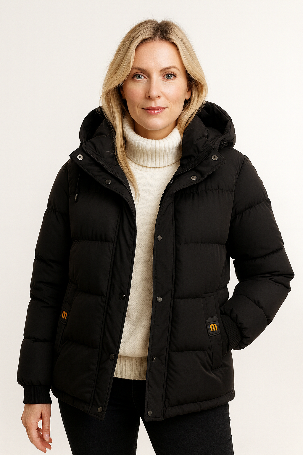 Women's short hooded puffer jacket with ribbed cuffs
