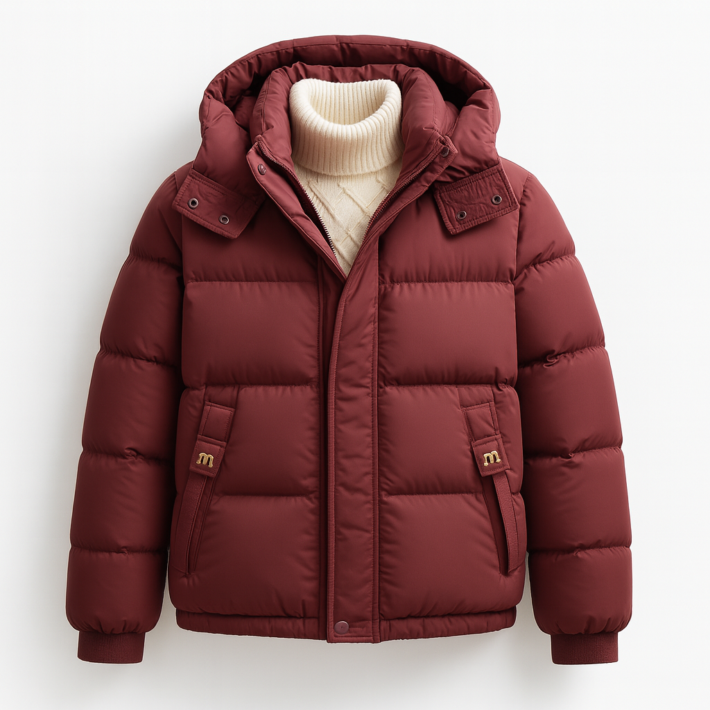 Women's short hooded puffer jacket with ribbed cuffs