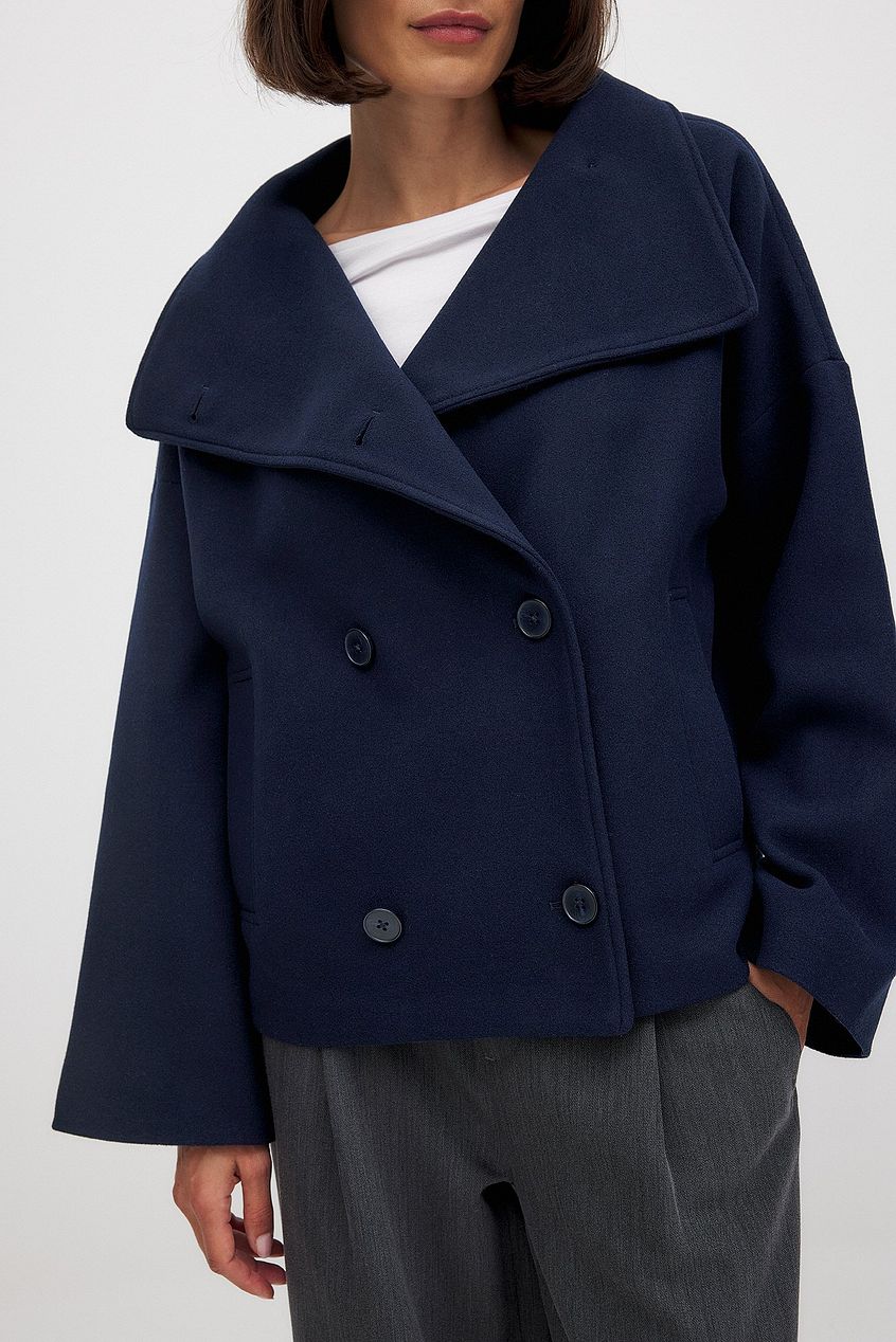 Women's short oversized wool-look coat with a wide collar and double-breasted front - navy