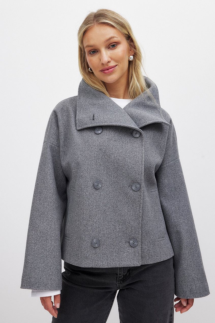 Women's short oversized wool-look coat with a wide collar and double-breasted front - grey marl