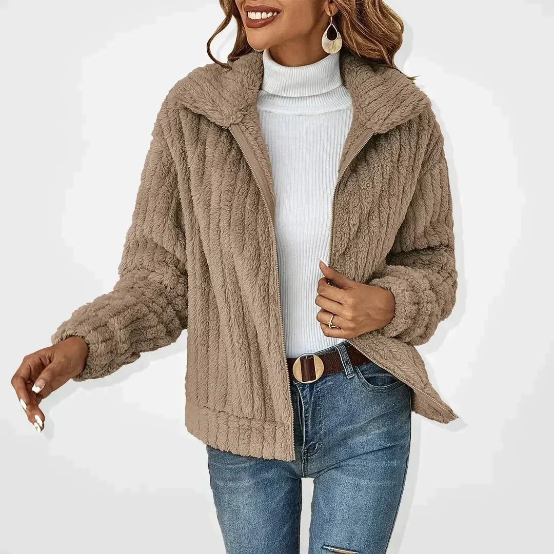 Women's short teddy cardigan with a zip front, ribbed texture and wide collar - taupe