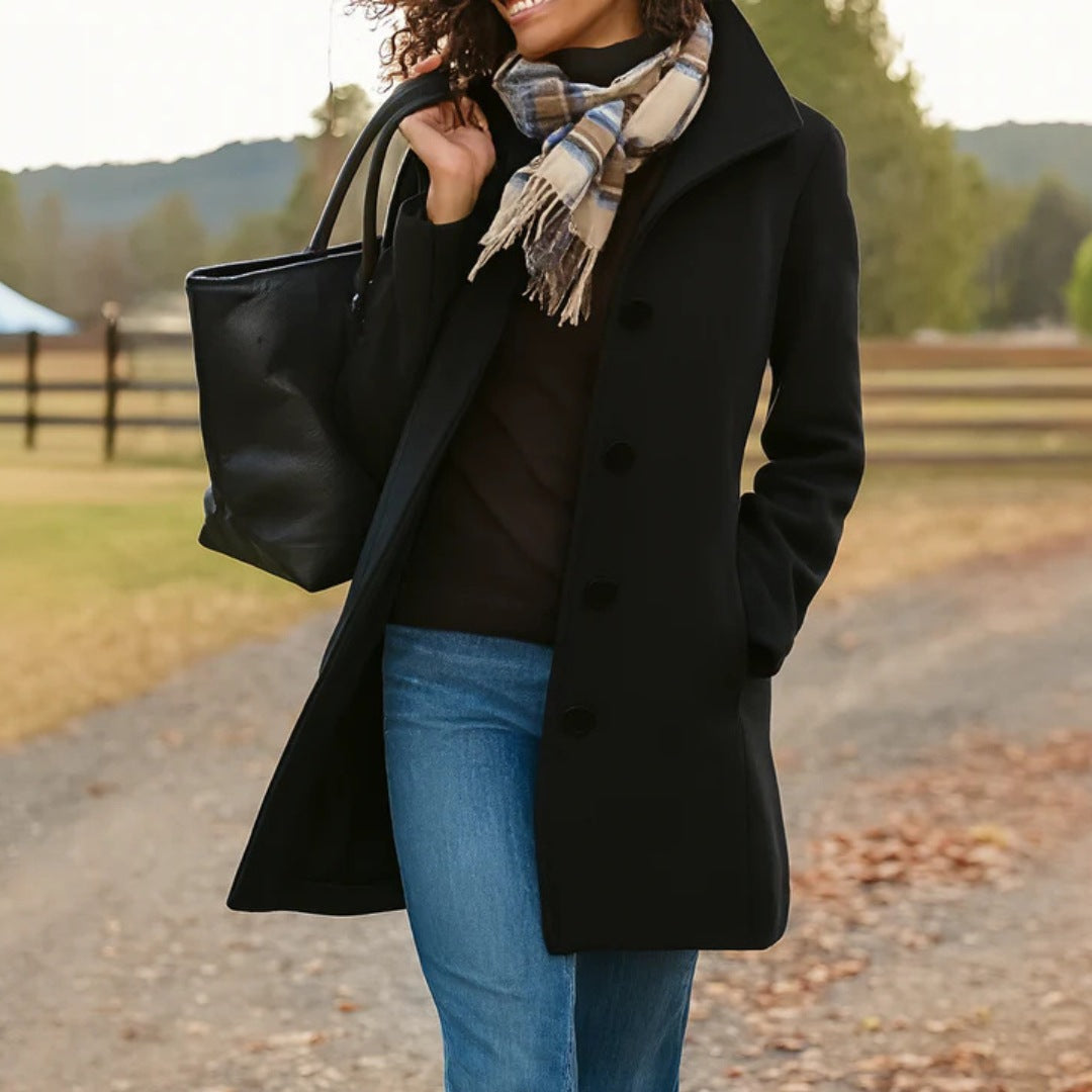Women's single-breasted wool-look coat with a high collar - black