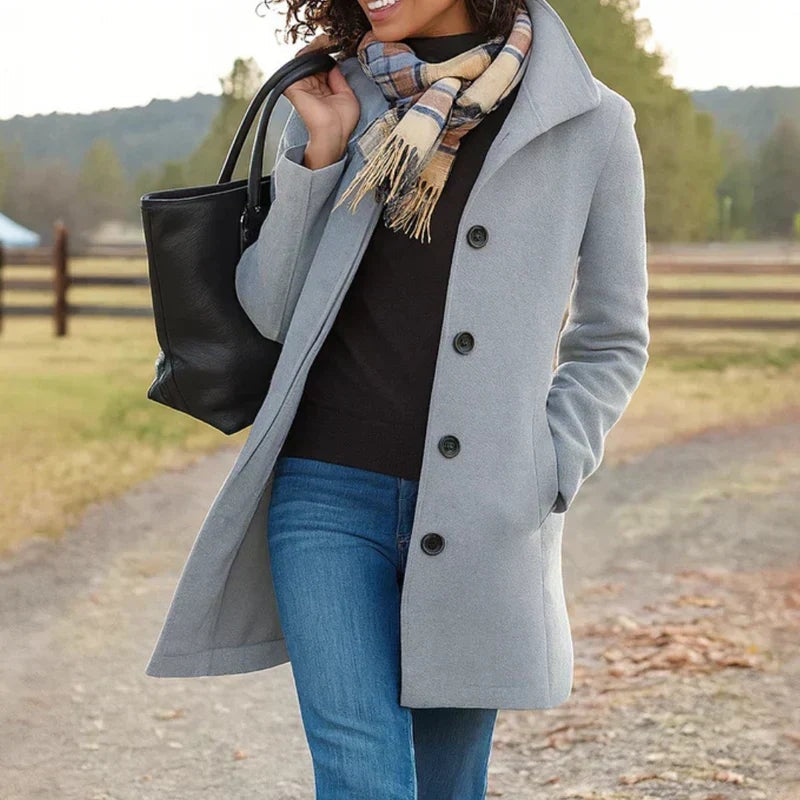 Women's single-breasted wool-look coat with a high collar - light grey