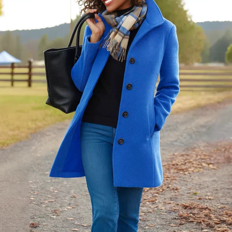 Women's single-breasted wool-look coat with a high collar - cobalt blue