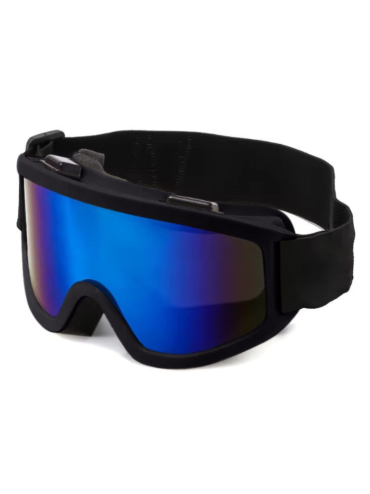 Ski goggles with a double blue mirrored lens, foam padding and an adjustable strap - black