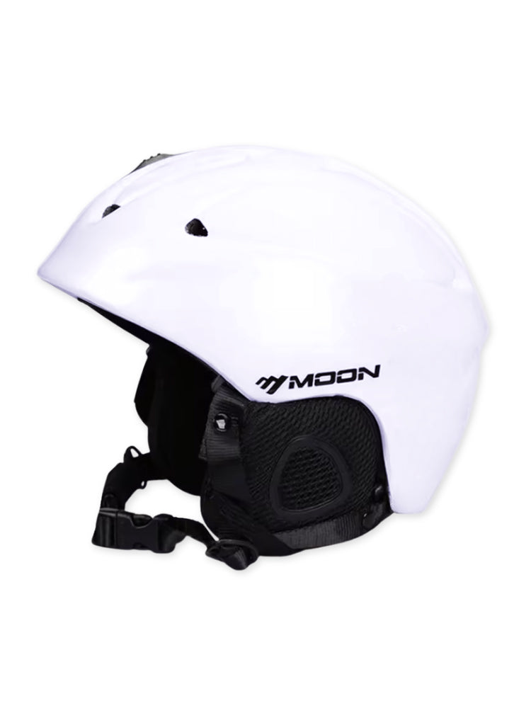 Ski helmet with a hard outer shell, vents and removable ear pads - white