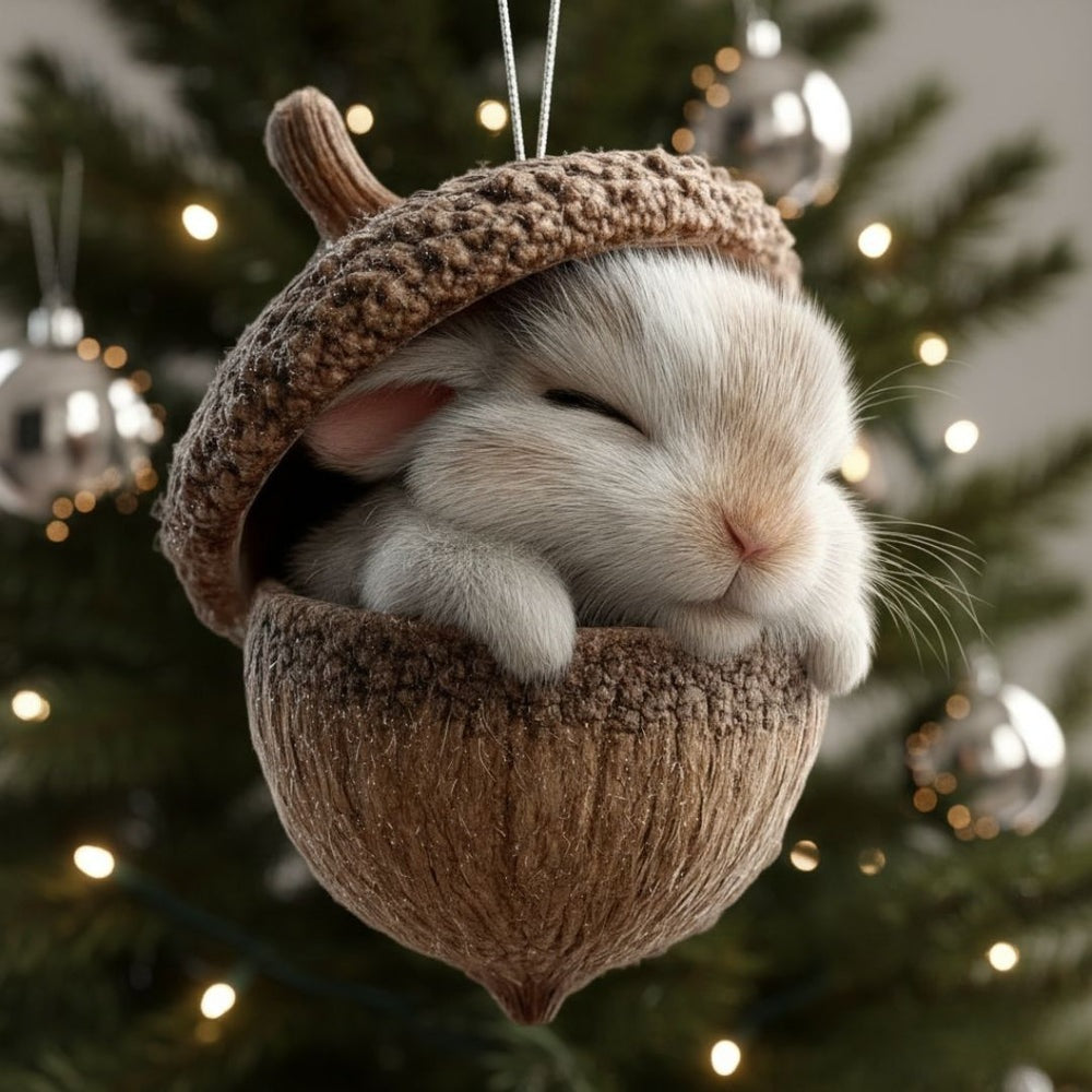 Flat acrylic Christmas ornament printed with a sleeping animal in an acorn, hanging on a tree - rabbit