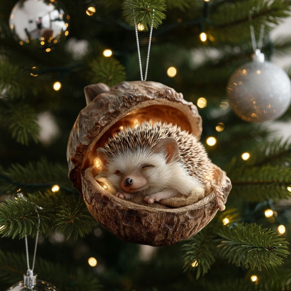 Flat acrylic Christmas ornament printed with a sleeping animal in an acorn, hanging on a tree - hedgehog