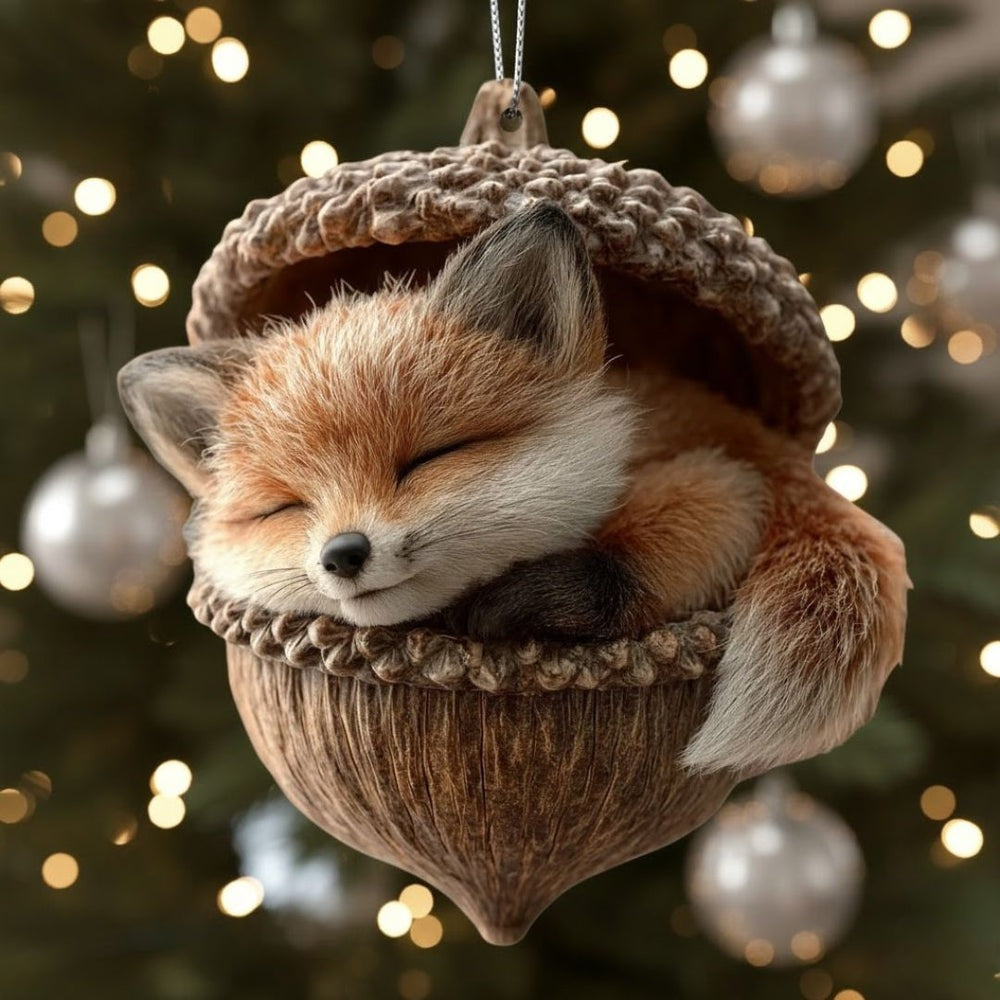 Flat acrylic Christmas ornament printed with a sleeping animal in an acorn, hanging on a tree - fox