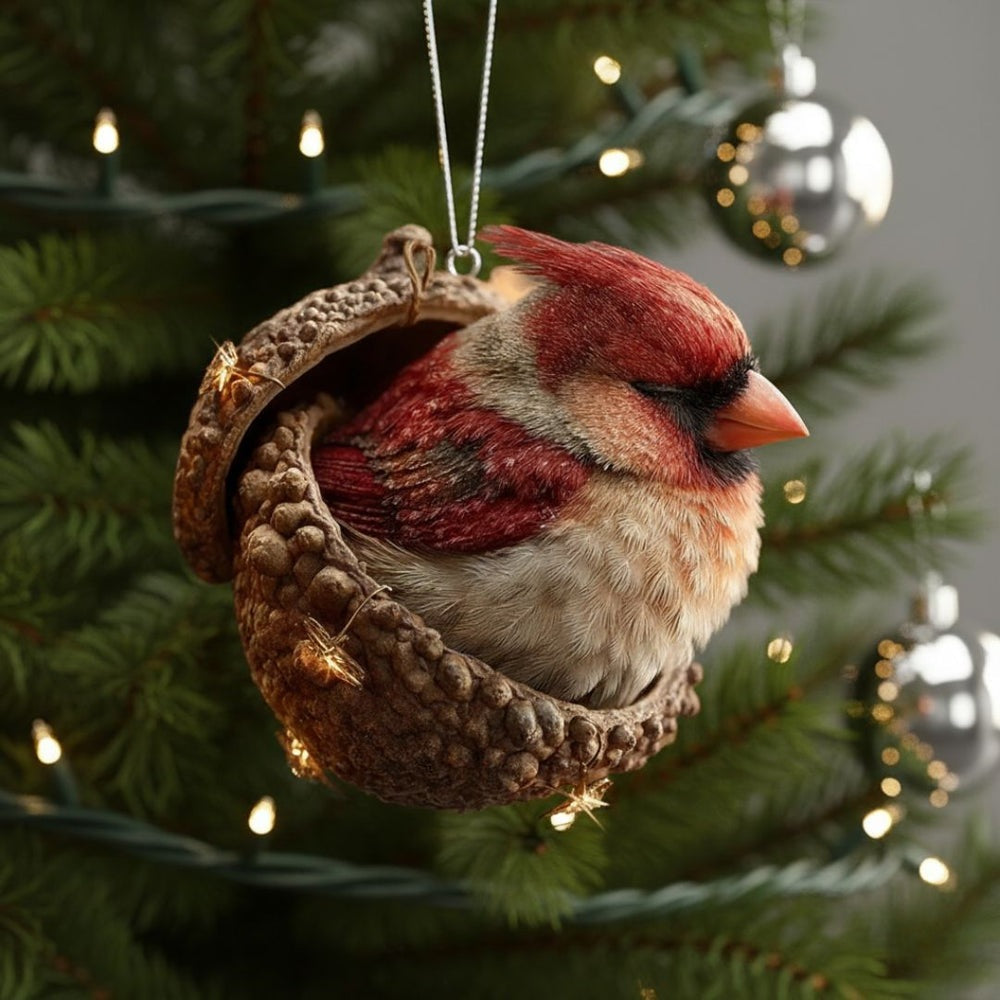 Flat acrylic Christmas ornament printed with a sleeping animal in an acorn, hanging on a tree - bird