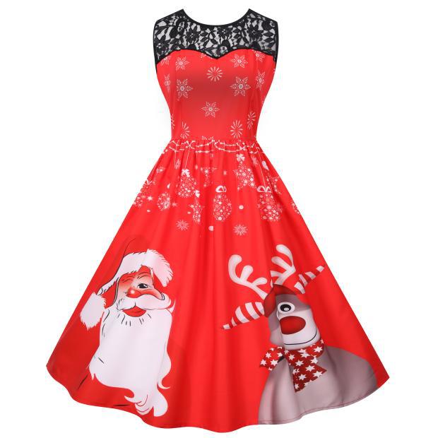 Women's sleeveless Christmas dress with black lace yoke and reindeer print - red