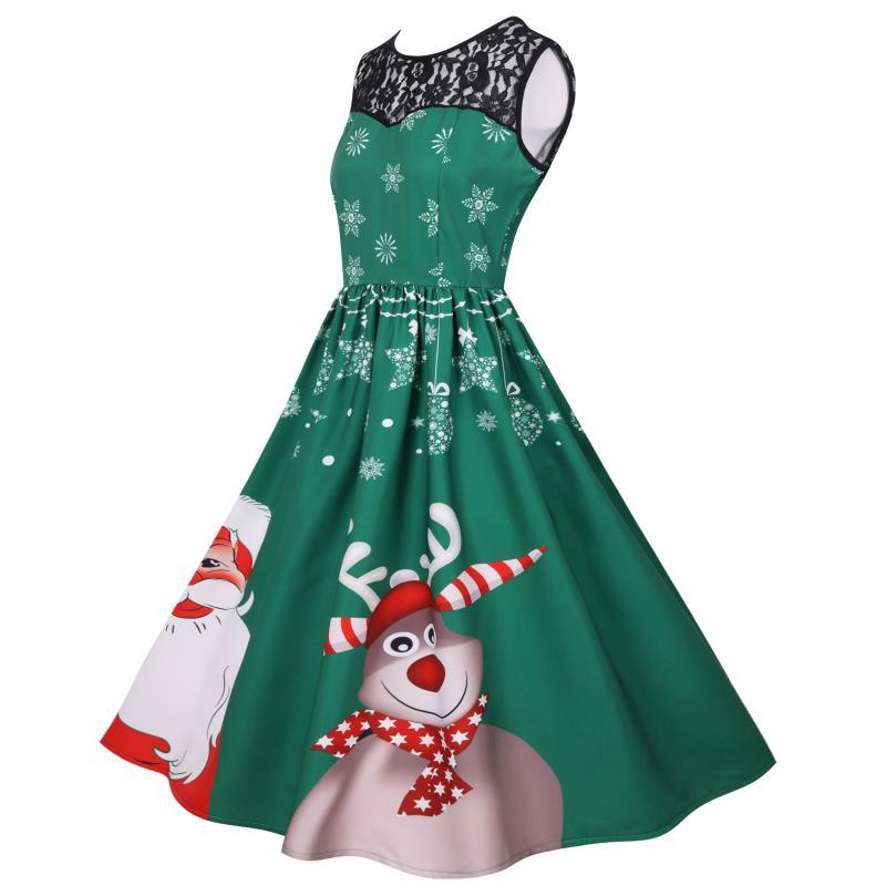 Women's sleeveless Christmas dress with black lace yoke and reindeer print