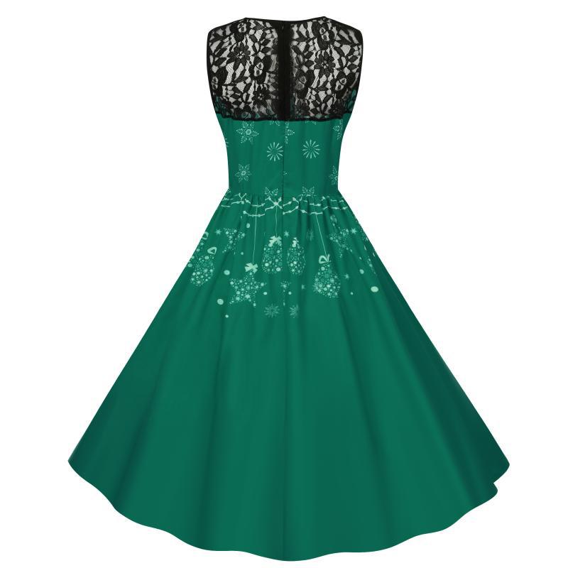 Women's sleeveless Christmas dress with black lace yoke and reindeer print