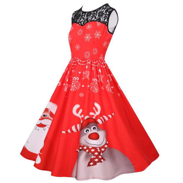 Women's sleeveless Christmas dress with black lace yoke and reindeer print