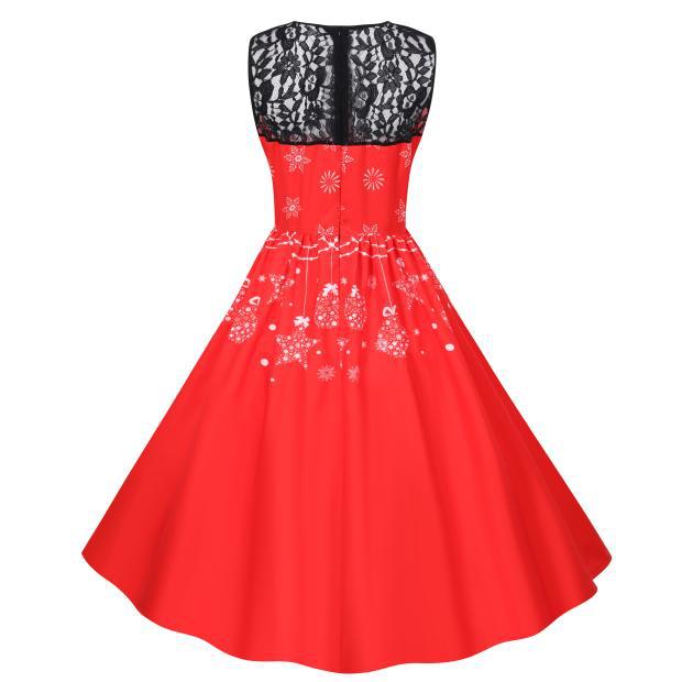 Women's sleeveless Christmas dress with black lace yoke and reindeer print