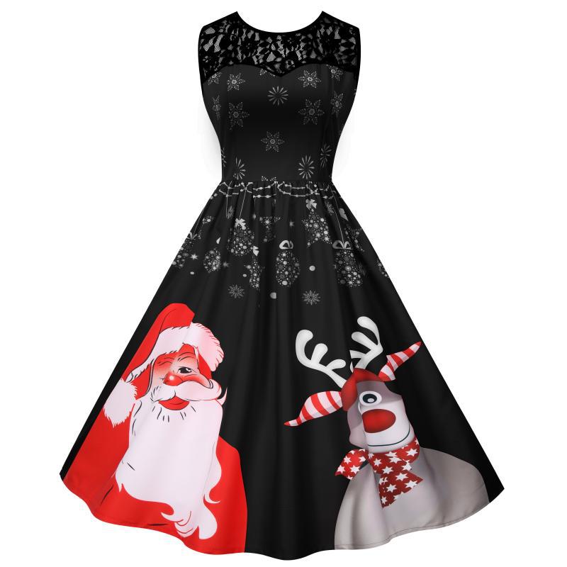 Women's sleeveless Christmas dress with black lace yoke and reindeer print