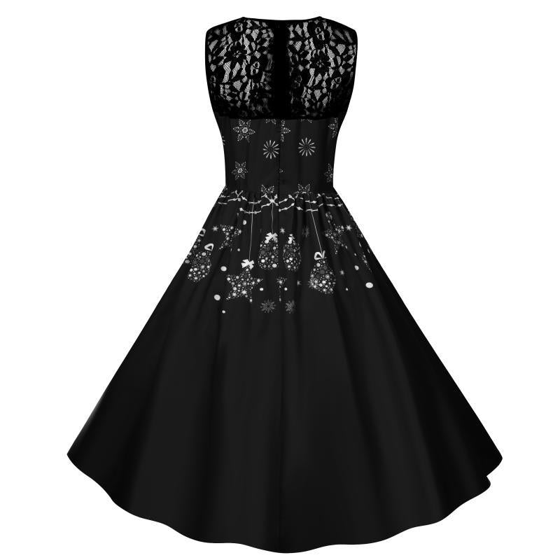 Women's sleeveless Christmas dress with black lace yoke and reindeer print