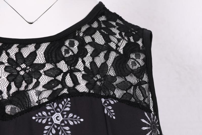 Women's sleeveless Christmas dress with black lace yoke and reindeer print