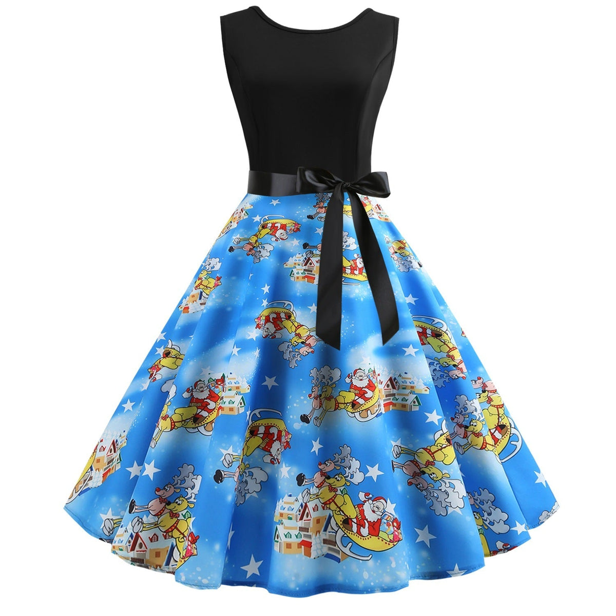 Women's sleeveless Christmas swing dress, black bodice and blue sleigh-print skirt