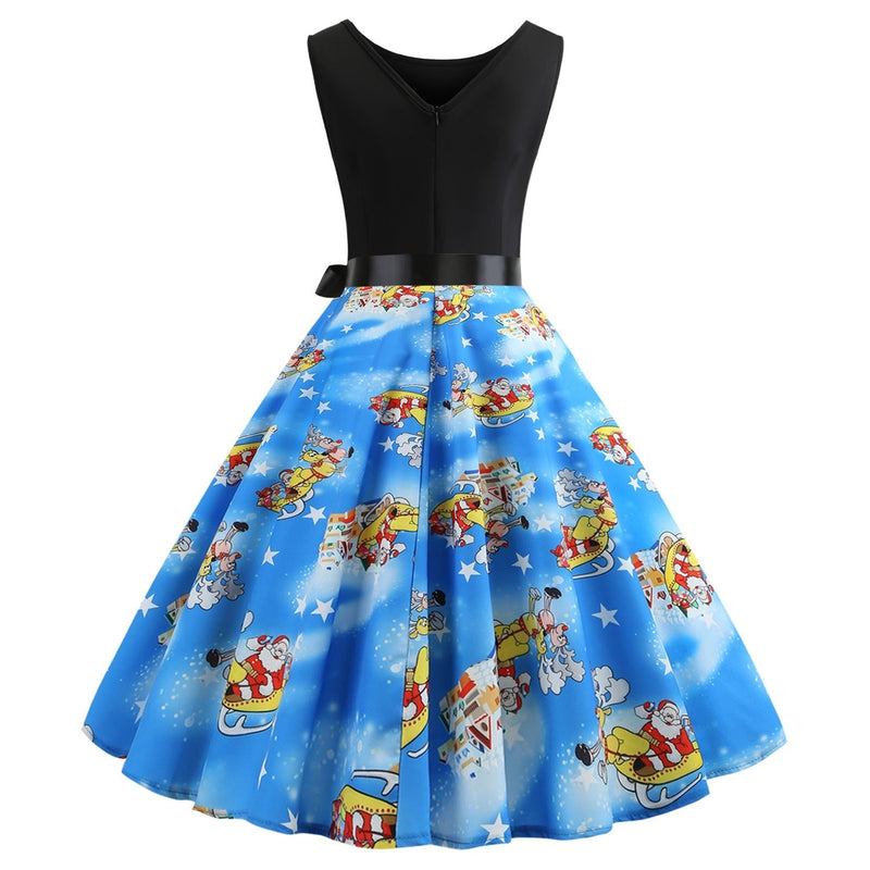 Women's sleeveless Christmas swing dress, black bodice and blue sleigh-print skirt