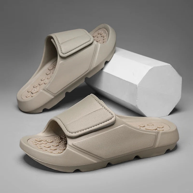 EVA sliders with a wide adjustable strap, a footbed of small nubs and a thick sole - khaki