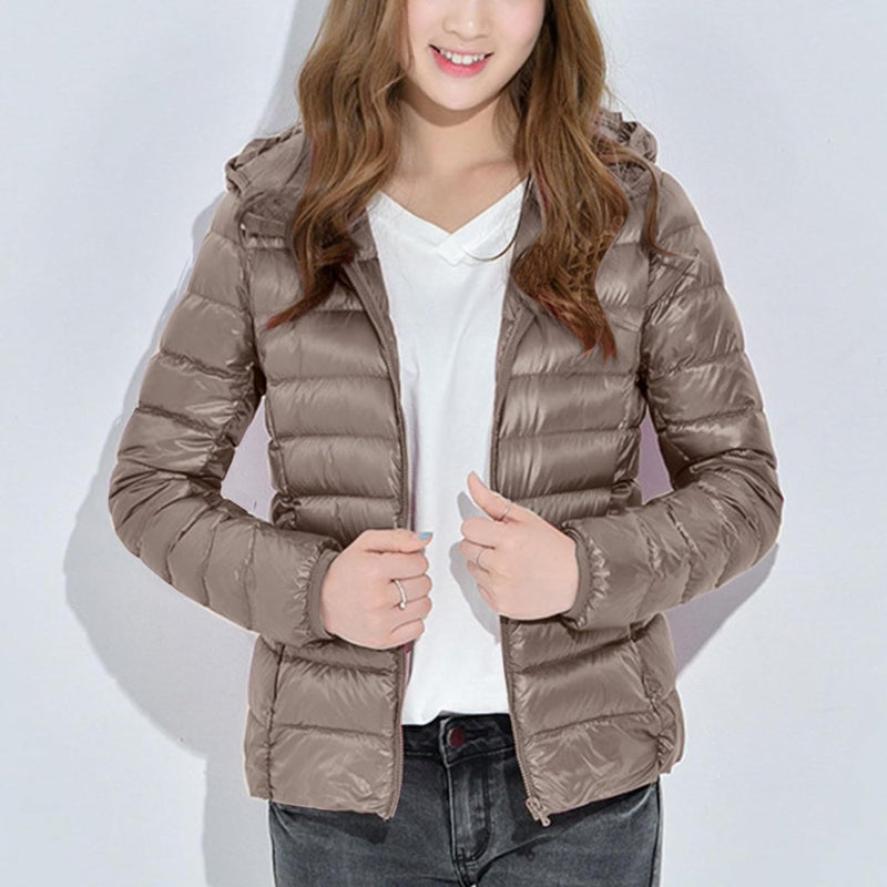 Women's slim lightweight puffer jacket with narrow quilting and a hood