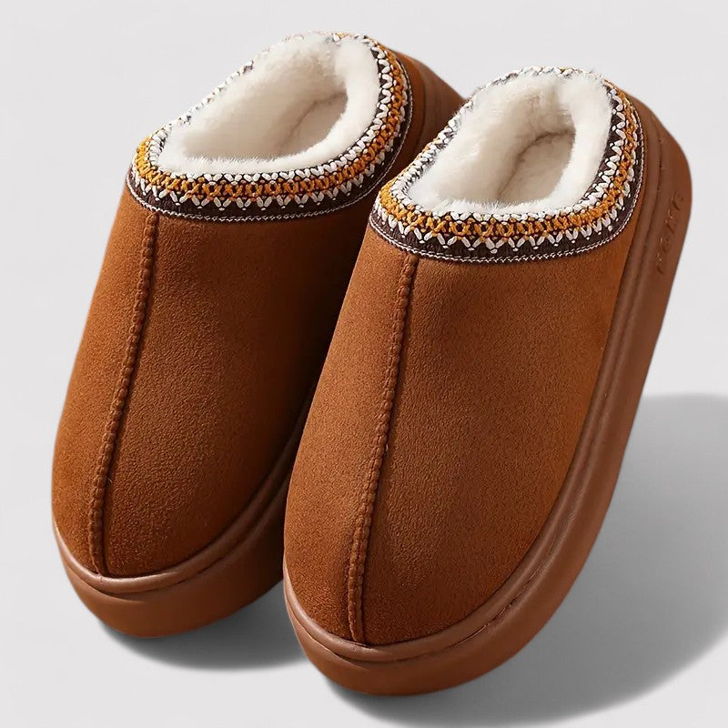 Slip-on slippers in a suede look with teddy lining, woven trim and a thick sole - chestnut