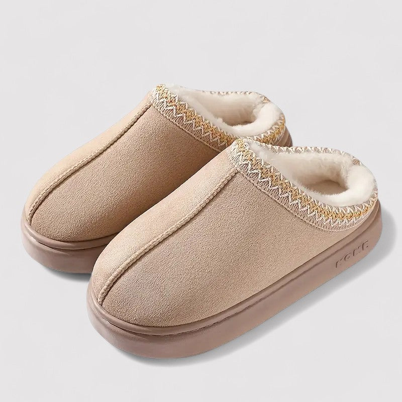Slip-on slippers in a suede look with teddy lining, woven trim and a thick sole
