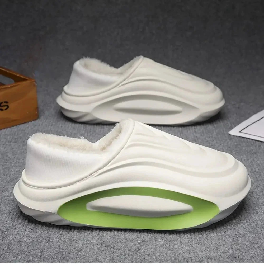 Slippers in EVA with wavy thick sole, plush lining and ribbed heel collar - white/green