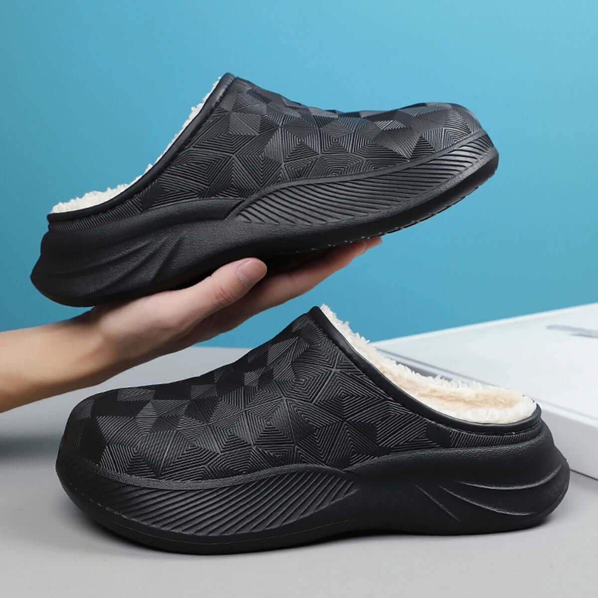 Slippers with a water-repellent geometric relief upper, teddy lining and thick EVA sole - view 4