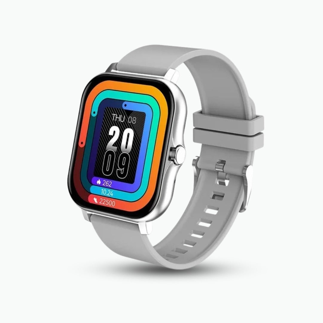 Smartwatch with a large square display and grey strap