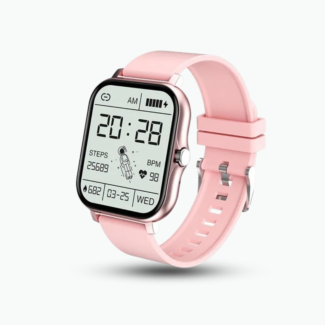 Smartwatch with a large square display and pink strap