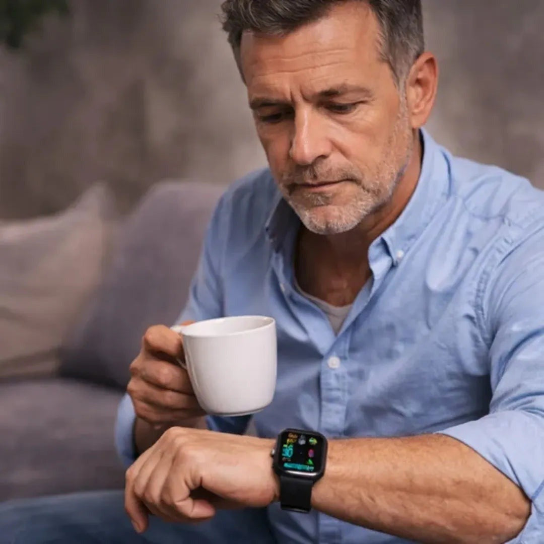 Man checking his SOS smartwatch over coffee